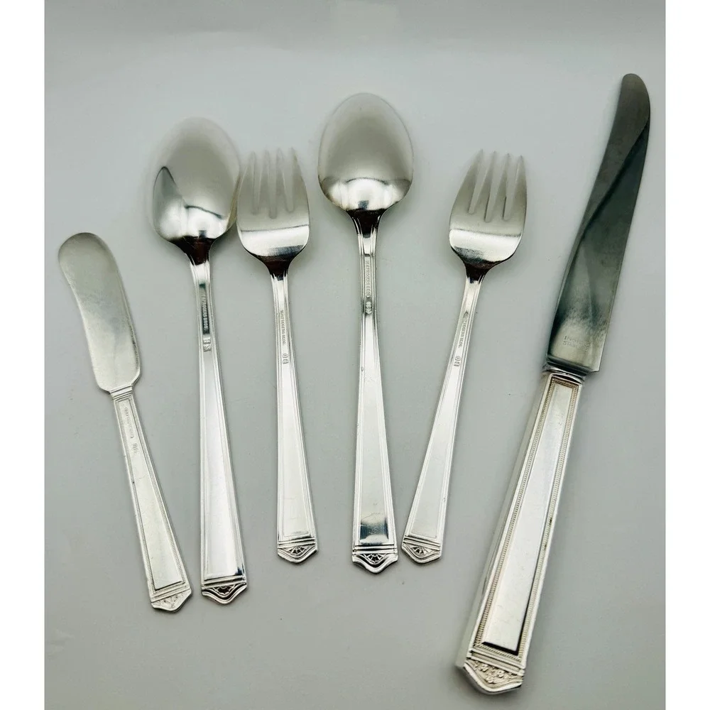 1847 Rogers Bros ANNIVERSARY Silverplate 6 Pc Monogram W 1923 Vintage Art Deco